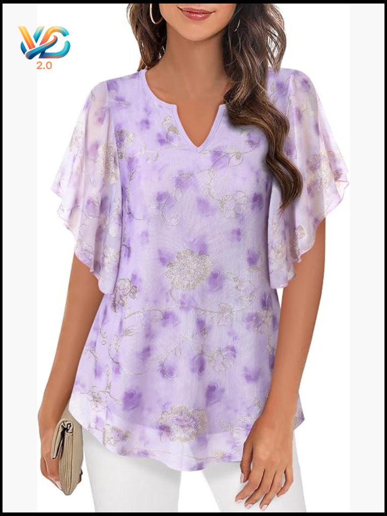 Short Sleeve V Neck Double Layers Blouses Dressy Casual Tunics Flowy Tunic Tops
